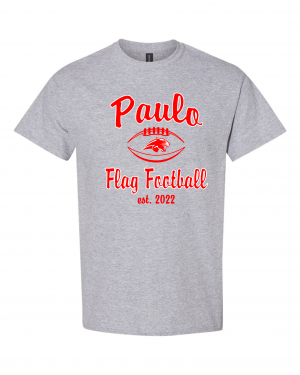 PAULO  FLAG FOOTBALL Est 2022 GREY TEE  W/ OPTION FOR NAME & NUMBER